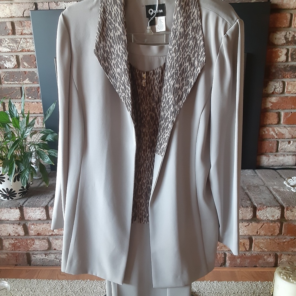 Womens 2pc Light Camel Pant Set with Animal Print Details on Jacket